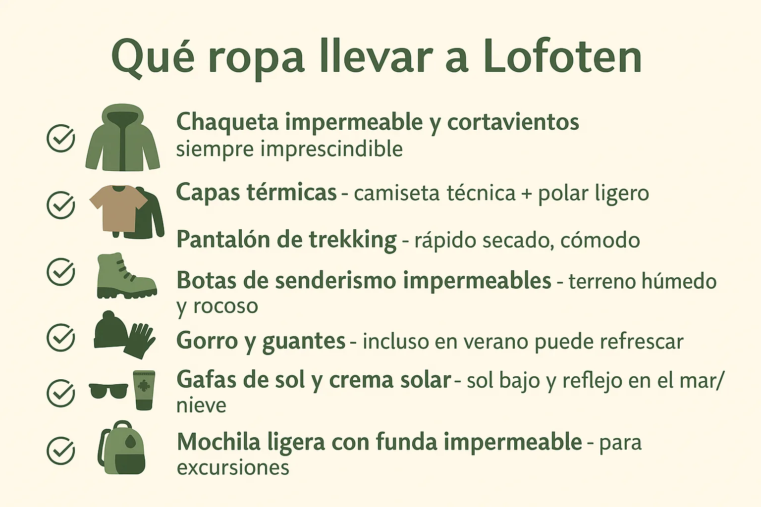 Infografía con la ropa recomendada para viajar a Lofoten: chaqueta impermeable, botas de senderismo, capas térmicas y accesorios esenciales