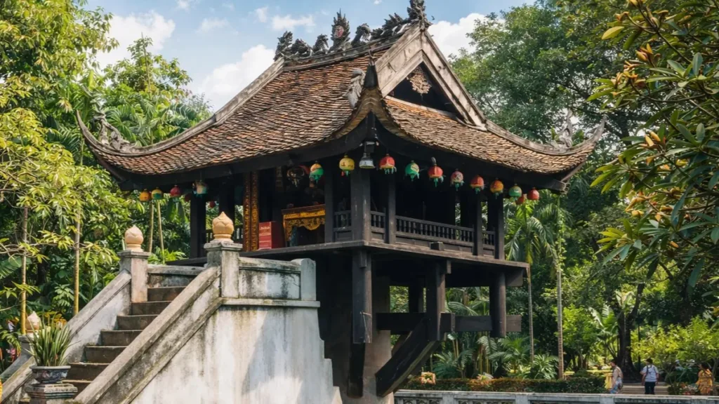 Pagoda de un solo pilar (Chua Mot Cot) en Hanoi, sobre un estanque de lotos y rodeada de jardines.
