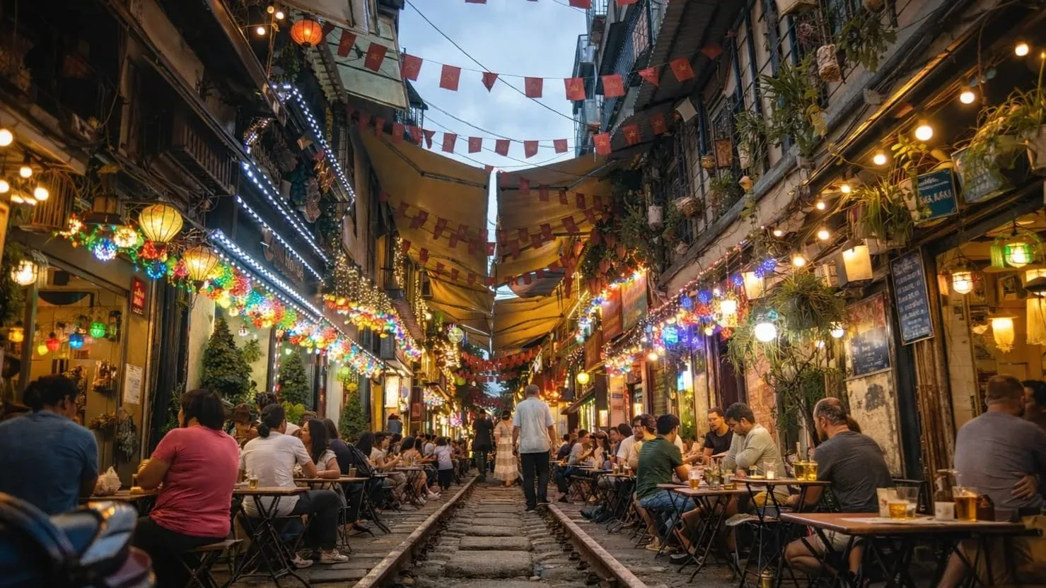 Train Street de Hanoi al atardecer, con cafeterías a ambos lados de las vías del tren llenas de luces y ambiente.